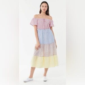 English Factory Maxi Dress‎ Tiered Colorblock Searsucker Ruffle Pockets- S FLAW